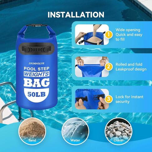 عبوتان من أوزان سلم حمام السباحة شديدة التحمل بوزن 50 رطل، أكياس رمل عالمية فوق الأرض لحمام السباحة مع مقابض، 500D PVC متينة مقاومة للماء وأكياس رمل قابلة للطي لسلالم حمام السباحة (أزرق سماوي) in Kuwait