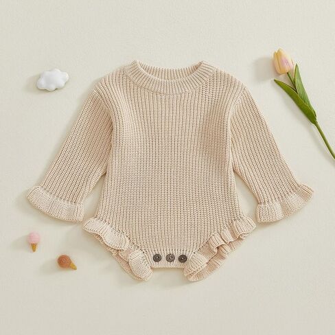 Newborn Baby Girl Sweater Romper Ruffle Long Sleeve Bodysuit Chunky Knit Sweater Infant Fall Winter Clothes in Saudi Arabia