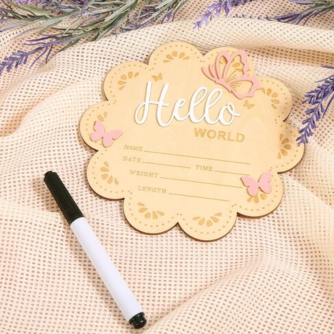لافتة Hello World لحديثي الولادة، لافتة إعلان خشبية مقاس 15 سم/5.9 بوصة مع دعامة وقلم، لوحة ترحيب لحديثي الولادة للأولاد والبنات، دعائم صور لحفلات استقبال المولود الجديد (النمط 1) in Kuwait