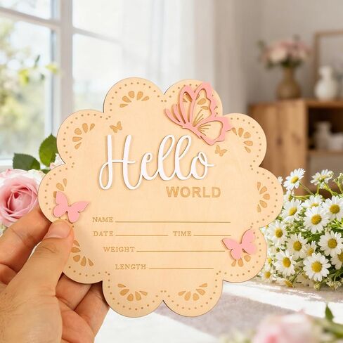 لافتة Hello World لحديثي الولادة، لافتة إعلان خشبية مقاس 15 سم/5.9 بوصة مع دعامة وقلم، لوحة ترحيب لحديثي الولادة للأولاد والبنات، دعائم صور لحفلات استقبال المولود الجديد (النمط 1) in Kuwait