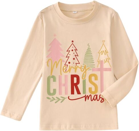 MODNTOGA Merry Christmas T-Shirt Toddler Girl Christmas Tree Print Long Sleeve Crewneck Shirt Christian Xmas Holiday Tee Tops in Saudi Arabia