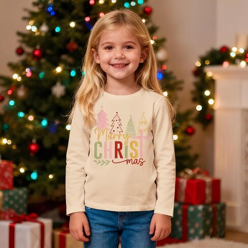 MODNTOGA Merry Christmas T-Shirt Toddler Girl Christmas Tree Print Long Sleeve Crewneck Shirt Christian Xmas Holiday Tee Tops in Saudi Arabia