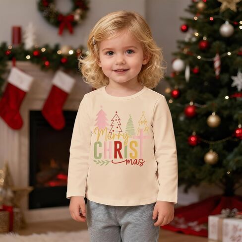 MODNTOGA Merry Christmas T-Shirt Toddler Girl Christmas Tree Print Long Sleeve Crewneck Shirt Christian Xmas Holiday Tee Tops in Saudi Arabia
