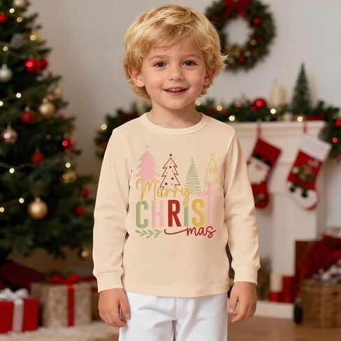 MODNTOGA Merry Christmas T-Shirt Toddler Girl Christmas Tree Print Long Sleeve Crewneck Shirt Christian Xmas Holiday Tee Tops in Saudi Arabia