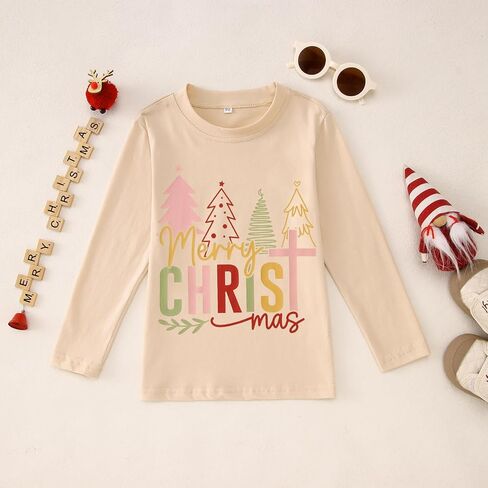 MODNTOGA Merry Christmas T-Shirt Toddler Girl Christmas Tree Print Long Sleeve Crewneck Shirt Christian Xmas Holiday Tee Tops in Saudi Arabia
