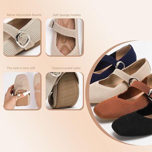 Women's Flats Shoes Foldable Mary Jane Ballet Flat for Women Comfortable Dress Square Toe Womens Knit Shoe for Casual Office Work in Kuwait
