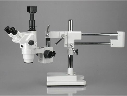 AmScope ZM-4T3 Professional Trinocular Stereo Zoom Microscope, EW10x Eyepieces, 2X-45X Magnification, 0.67X-4.5X Zoom Objective, Ambient Lighting, Double-Arm Boom Stand, Includes 0.3X Barlow Lens in Saudi Arabia