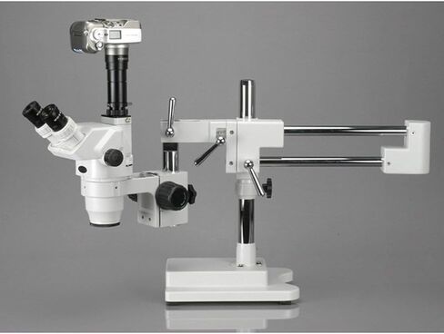 AmScope ZM-4T3 Professional Trinocular Stereo Zoom Microscope, EW10x Eyepieces, 2X-45X Magnification, 0.67X-4.5X Zoom Objective, Ambient Lighting, Double-Arm Boom Stand, Includes 0.3X Barlow Lens in Saudi Arabia
