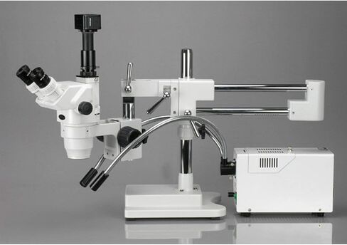 AmScope ZM-4T3 Professional Trinocular Stereo Zoom Microscope, EW10x Eyepieces, 2X-45X Magnification, 0.67X-4.5X Zoom Objective, Ambient Lighting, Double-Arm Boom Stand, Includes 0.3X Barlow Lens in Saudi Arabia