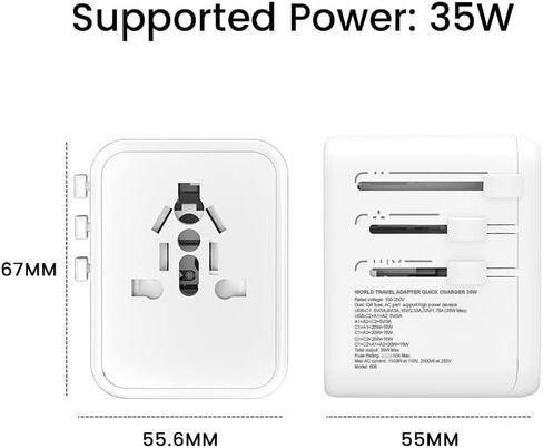 محول سفر عالمي بقدرة 35 وات - محول سفر الكل في واحد مع شحن USB سريع ذكي - محول توصيل آمن للهواتف والكاميرات - اختيار موثوق للسفر الدولي والاستخدام اليومي in Kuwait