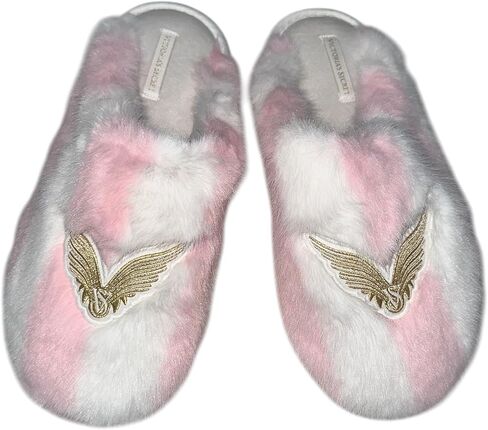 Victoria's Secret Luxe Plush Faux Fur Slippers Pink White Stripe Closed Toe Soft Cozy New in Saudi Arabia