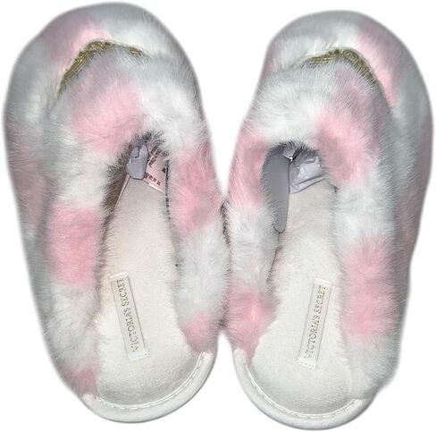 Victoria's Secret Luxe Plush Faux Fur Slippers Pink White Stripe Closed Toe Soft Cozy New in Saudi Arabia