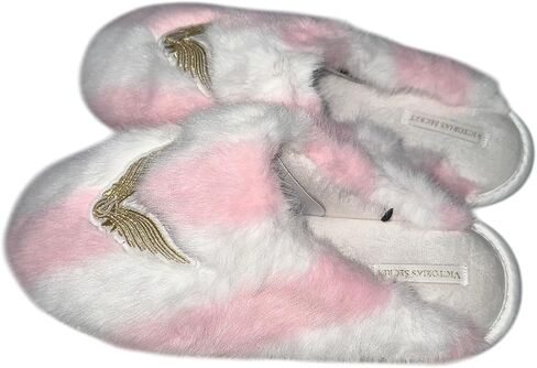 Victoria's Secret Luxe Plush Faux Fur Slippers Pink White Stripe Closed Toe Soft Cozy New in Saudi Arabia