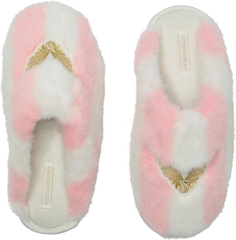 Victoria's Secret Luxe Plush Faux Fur Slippers Pink White Stripe Closed Toe Soft Cozy New in Saudi Arabia