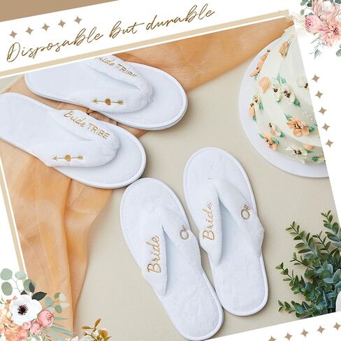 Ramede 12 Pairs Wedding Flip Flops Bulk, Including 1 Bride Slippers 11 Bridesmaid Slippers Soft Coral Fleece Bride Tribe, Disposable Hotel Bridal Shower Spa Flip Flops for Guest Gifts in Saudi Arabia