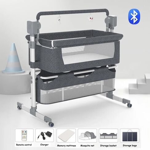 Electric Bluetooth Smart Next to Me Crib, Bassinet Cradle with Lullaby Music, Baby Bedside Crib for Newborn, Baby Co-Sleeper Cot with Mattress, Remote and 5 Swaying Gears (MG601-Grey) in Saudi Arabia
