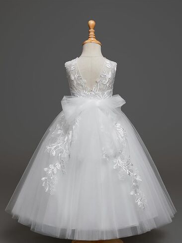 Lace Applique Flower Girl Dress Wedding Tulle Bow Knot Ball Gowns Crew Neck Sleeveless First Communion Long Dress in Saudi Arabia