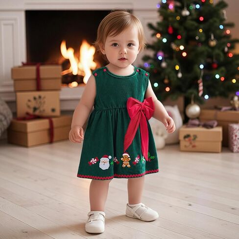 Kids Toddler Baby Girl Christmas Outfit Green/Red Corduroy Dress One Piece Embroidered A Line Dress Clothes in Saudi Arabia
