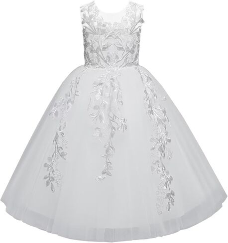 Lace Applique Flower Girl Dress Wedding Tulle Bow Knot Ball Gowns Crew Neck Sleeveless First Communion Long Dress in Saudi Arabia