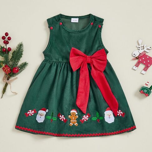 Kids Toddler Baby Girl Christmas Outfit Green/Red Corduroy Dress One Piece Embroidered A Line Dress Clothes in Saudi Arabia