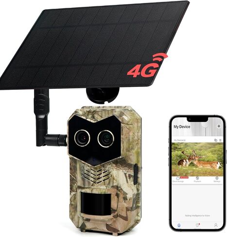 Hunting & Trail Dual Camera Solar Powered LTE 4G Cellular Game Cameras with Night Vision Motion Activated Waterproof & Sends Picture to Cell Phone with App Deer Cam 0.2s Trigger 940nm IR Led No Glow in Saudi Arabia