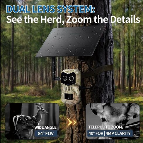 Hunting & Trail Dual Camera Solar Powered LTE 4G Cellular Game Cameras with Night Vision Motion Activated Waterproof & Sends Picture to Cell Phone with App Deer Cam 0.2s Trigger 940nm IR Led No Glow in Saudi Arabia