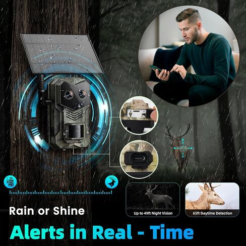 Hunting & Trail Dual Camera Solar Powered LTE 4G Cellular Game Cameras with Night Vision Motion Activated Waterproof & Sends Picture to Cell Phone with App Deer Cam 0.2s Trigger 940nm IR Led No Glow in Saudi Arabia