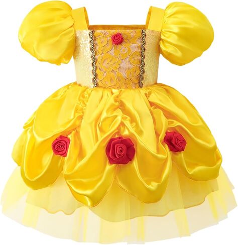 Toddlers Girls Dress Short Puffy Sleeves Lace Rose Accent Ruffled Tulle Skirt Soft Infant Halloween Christmas in Saudi Arabia