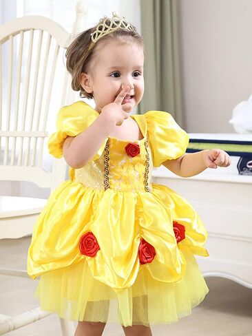 Toddlers Girls Dress Short Puffy Sleeves Lace Rose Accent Ruffled Tulle Skirt Soft Infant Halloween Christmas in Saudi Arabia