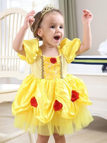 Toddlers Girls Dress Short Puffy Sleeves Lace Rose Accent Ruffled Tulle Skirt Soft Infant Halloween Christmas in Saudi Arabia