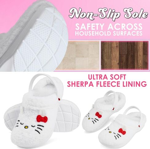 Hello Kitty Sanrio Borg Clogs for Girls Teens Women, US 2.5–7.5, Non-Slip Fleece Slippers, Mules, Kawaii Gifts for Women in Saudi Arabia