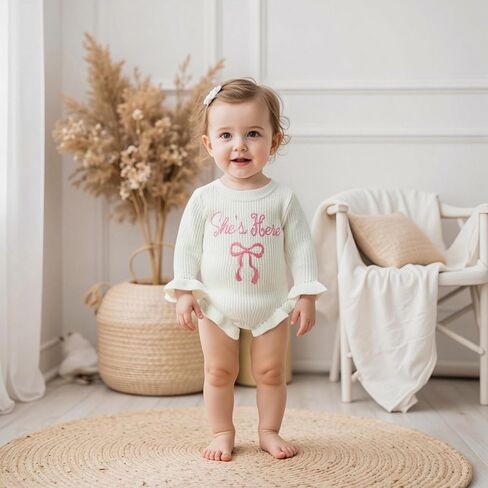 Baby Girl Ruffle Sweater Romper She's Here Letter and Bow Embroidered Print Sweater Fall Newborn Coming Home Clothes in Saudi Arabia