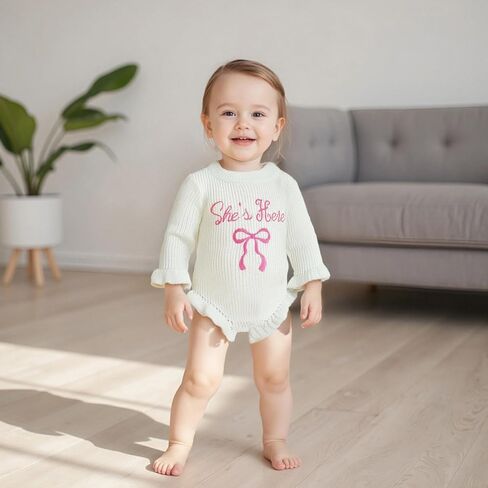 Baby Girl Ruffle Sweater Romper She's Here Letter and Bow Embroidered Print Sweater Fall Newborn Coming Home Clothes in Saudi Arabia