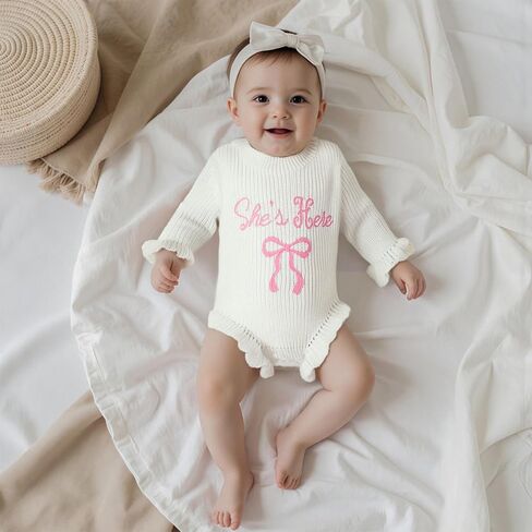 Baby Girl Ruffle Sweater Romper She's Here Letter and Bow Embroidered Print Sweater Fall Newborn Coming Home Clothes in Saudi Arabia