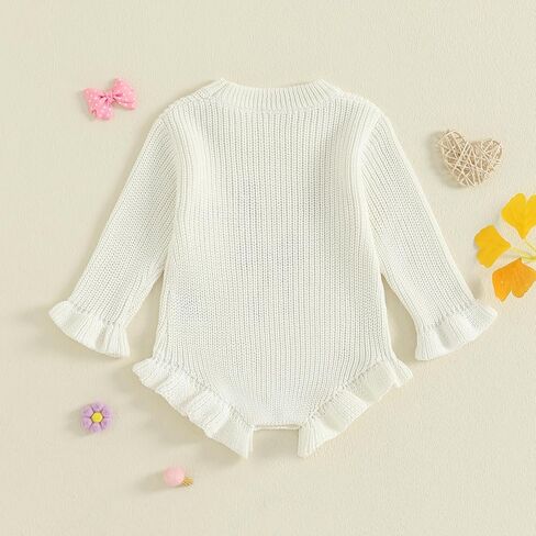 Baby Girl Ruffle Sweater Romper She's Here Letter and Bow Embroidered Print Sweater Fall Newborn Coming Home Clothes in Saudi Arabia