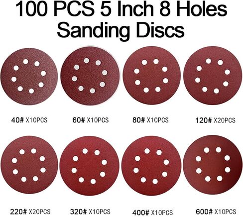 100pcs Sanding Discs Set, 5-Inch 8-Hole Hook and Loop Sandpaper 40 60 80 120 220 320 400 600 Grits Mixed Coarse Sandpapers in Saudi Arabia