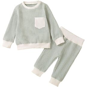 XFGLCK Toddler Baby Boy Clothes Waffle Long Sleeves Stripes Sweatshirt Pants Set Fall Winter Outfits in Kuwait