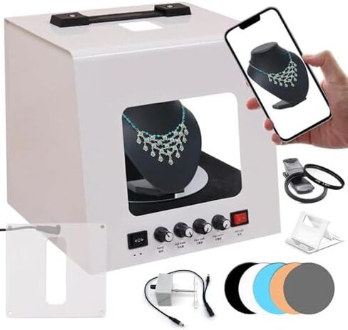 Mini Photo Studio Light Box Kit, Jewelry Photography Tent with 4 Dimmable Lights, 3000-5500K Adjustable Turntable, 360° Rotating Rack & 5 Backdrops for Professional Photography in Saudi Arabia