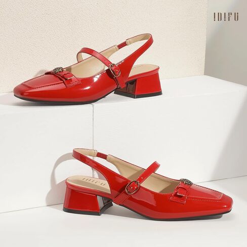 IDIFU Womens Mary Jane Slingback Chunky Block Heels Low Closed Square Toe Pumps Adjustable Strap Dress Shoes for Women Wedding Party Prom Heels Dressy Comfortable Vintage Pumps Shoes in Saudi Arabia