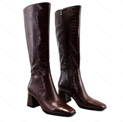 Women's Wide Calf Knee High Boots with Chunky Heel and Side Zip in Saudi Arabia