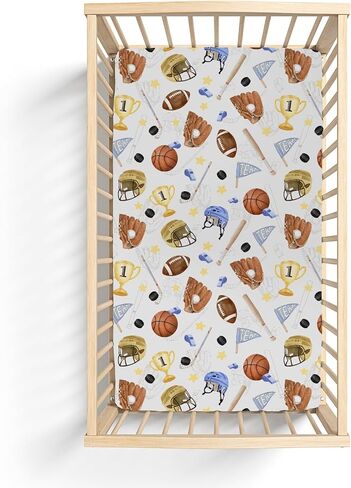 Baby Sports Crib Sheets for Boy Girl 28"x52" Vintage Basketabll Football Stars Soft Snug Fitted Crib Mattress Covers American Sports Nursery Baby Sheet for Standard Crib and Toddler Bed Mattress in Saudi Arabia
