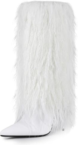 Fur Boots for Women Knee High Foldover Boots with Detachable Long Fur, Pointed Toe Stiletto High Heel Tall Boots in Saudi Arabia