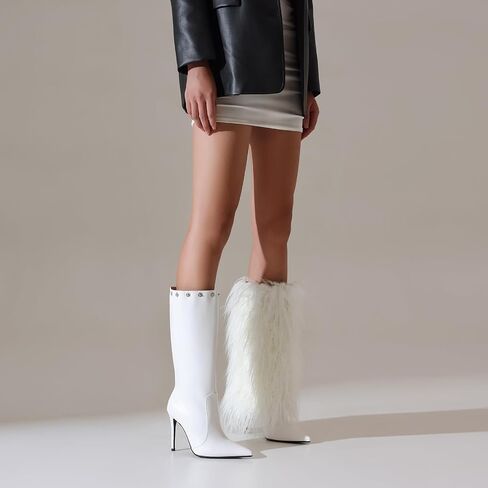 Fur Boots for Women Knee High Foldover Boots with Detachable Long Fur, Pointed Toe Stiletto High Heel Tall Boots in Saudi Arabia
