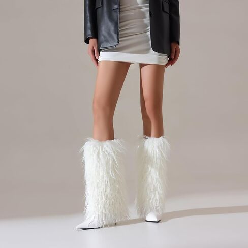 Fur Boots for Women Knee High Foldover Boots with Detachable Long Fur, Pointed Toe Stiletto High Heel Tall Boots in Saudi Arabia