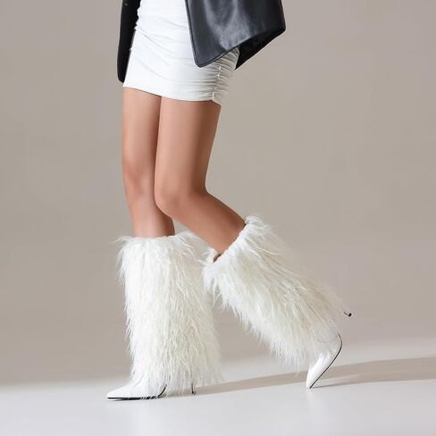 Fur Boots for Women Knee High Foldover Boots with Detachable Long Fur, Pointed Toe Stiletto High Heel Tall Boots in Saudi Arabia