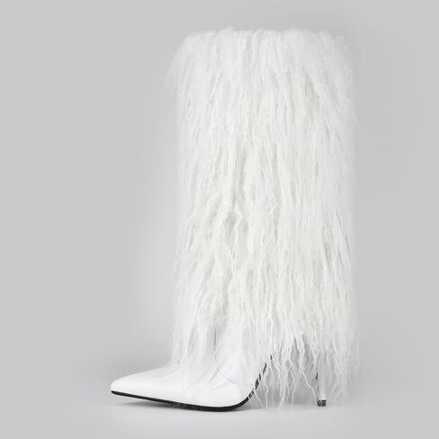 Fur Boots for Women Knee High Foldover Boots with Detachable Long Fur, Pointed Toe Stiletto High Heel Tall Boots in Saudi Arabia