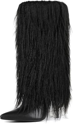 Fur Boots for Women Knee High Foldover Boots with Detachable Long Fur, Pointed Toe Stiletto High Heel Tall Boots in Saudi Arabia