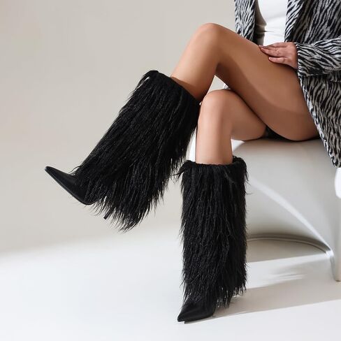 Fur Boots for Women Knee High Foldover Boots with Detachable Long Fur, Pointed Toe Stiletto High Heel Tall Boots in Saudi Arabia