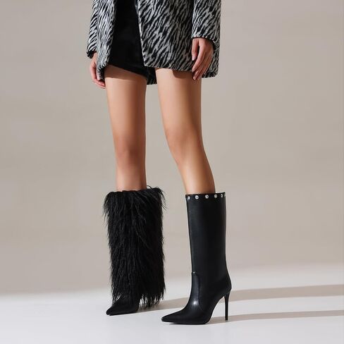 Fur Boots for Women Knee High Foldover Boots with Detachable Long Fur, Pointed Toe Stiletto High Heel Tall Boots in Saudi Arabia