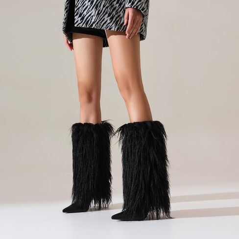 Fur Boots for Women Knee High Foldover Boots with Detachable Long Fur, Pointed Toe Stiletto High Heel Tall Boots in Saudi Arabia